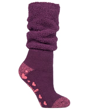 Heat Holders Damen-Thermo-Bettsocken mit Greifern, weich, flauschig, Slouch-Oberteil, rutschfest, Weinrot (Slouch)