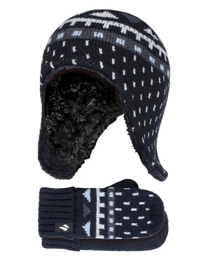 Wärmehalter - Jungen Outdoor Kunstfell Pom Pom Mütze mit Ohrenklappen & Fäustlinge Handschuhe - Schwarz