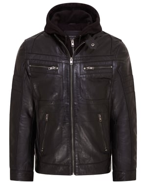 Schwarze Herren-Bikerjacke aus Leder mit Kapuze – Stavern