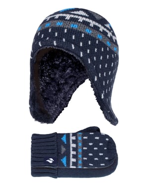 Wärmehalter - Jungen Outdoor Kunstfell Pom Pom Mütze mit Ohrenklappen & Fäustlinge Handschuhe - Navy