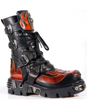New Rock Flame-Akzent-Bikerstiefel aus schwarzem/rotem Leder mit Totenkopf-Motiv – 107-S1