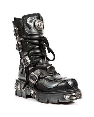 New Rock Flame Biker-Stiefel aus schwarzem/silbernem Leder mit Akzent – 107-S2