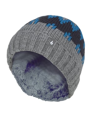 Wärmehalter - Jungen dicke gerippte gewebte gestrickte weiche Pom Pom Bobble Beanie Mütze - Pebble Melange/Teal/Navy