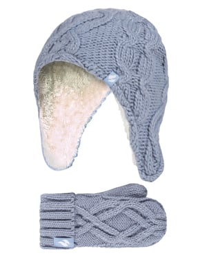 Wärmehalter - Mädchen Majestic Soft Cosy Kabel gestrickt Design Bobble Trapper Hut und Handschuhe Handschuhe Set - Dusty Blue