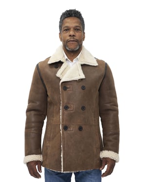 Zweireihiger Herren-Erbsenmantel aus Shearling-Schaffell-Valencia