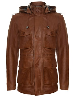Trenchcoat mit Kapuze und mehreren Taschen aus Leder