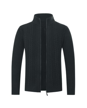 Herren Strickjacke mit Reißverschluss Cardigan Grobstrick mit Stehkragen Schwarz