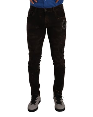 Dolce & Gabbana Herren Braune DG Krone Logo Baumwoll Skinny Jeans