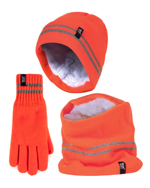 Hi Vis Mütze, Halswärmer & Handschuhe Set | Wärmehalter | Reflektierende Arbeitskleidung Set für extrem kaltes Wetter - Orange