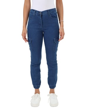 Damen-Jeans mit seitlichem elastischem Bund und Bündchen in Blau