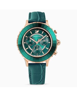 Swarovski Octea Lux Chrono Uhr, Lederarmband, Grün, Rose-Gold Tone PVD 5452498