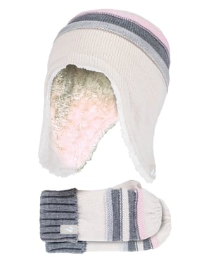 Wärmehalter - Mädchen Winter Warm Pom Pom Bobble Beanie Mütze und Handschuhe Set - Buttercream