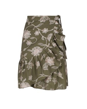 Olive Bestickter Floraler Wickelrock mit Rüschen