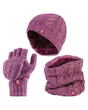 Heat Holders - Womens Thermal Winter Fleece Mütze, Halswärmer und Konverter Handschuhe Set - Rose