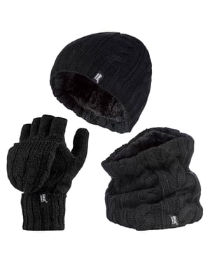 Heat Holders - Womens Thermal Winter Fleece Mütze, Halswärmer und Converter Handschuhe Set - Schwarz