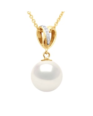 Anhänger Doppleknoten – Diamanten 0,03 ct – Gelbgold – echte Süßwasser-Zuchtperle rund 10–11 mm