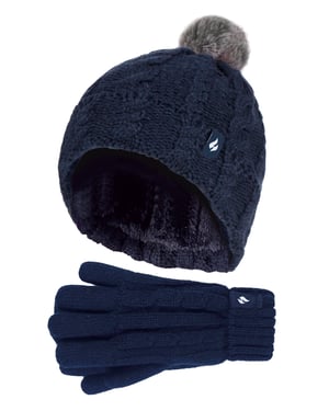 Wärmehalter - Girls Bobble Pom Pom Hat and Gloves Set | Turn Over Cuff Hat & Cable Knit Gloves Style - Navy