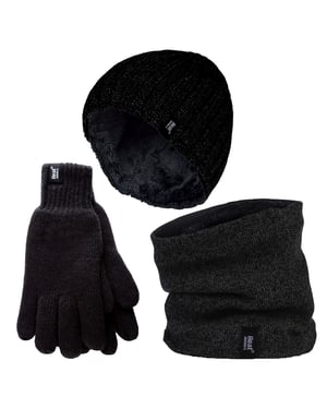 Herren Mütze, Halswärmer & Handschuhe Set | Wärmehalter | Winter gestricktes warmes Accessoires Set - Schwarz