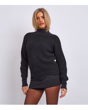 Schwarzer, übergroßer Rippstrickpullover mit Rundhalsausschnitt