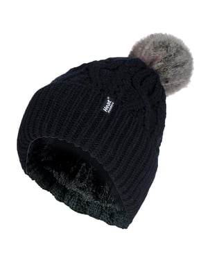 Ladies Ribbed Cuffed Pom Pom Bobble Beanie Mütze mit Fleece-Futter