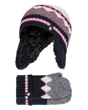 Wärmehalter - Girls Nordic Pattern Fairisle Design Trappermütze mit Pom Pom und Fäustlinge Handschuhe Set - Schwarz