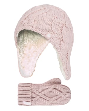 Wärmehalter - Mädchen Majestic Soft Cosy Kabel gestrickt Design Bobble Trapper Hut und Handschuhe Handschuhe Set - Dusky Pink