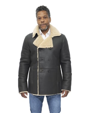 Zweireihiger Herren-Erbsenmantel aus Shearling-Schaffell-Valencia
