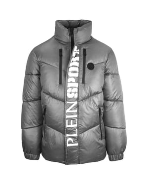 Plein Sport Bold Vertical Logo Glanzend gepolsterte graue Jacke