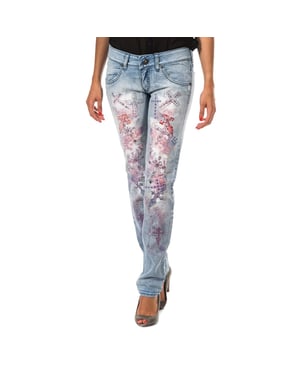 Lange Denim-Hose mit Rippeneffekt und schmalen Säumen F054176 woman