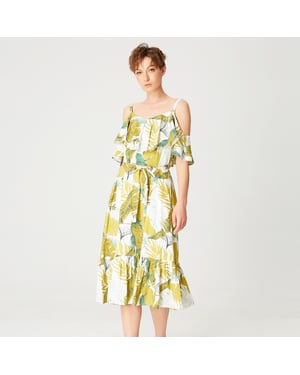 Trapezkleid mit tropischem Muster, Rüschen und dünnen Trägern
