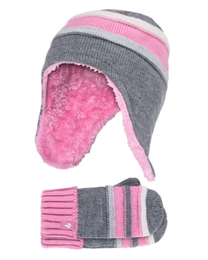 Wärmehalter - Mädchen Winter Warm Pom Pom Bobble Beanie Mütze und Handschuhe Set - Pebble Grey