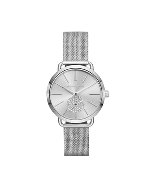Trendige Damenuhr der Marke Michael Kors in der Farbe Silber. Die Uhr hat ein Armband, das auch kleiner gemacht werden kann, das Gehäuse hat einen Durchmesser von 37mm und das Uhrwerk ist Quarz.  Marke: Michael KorsModellname: MK3843 (37mm)Kategorie: DamenuhrMaterialien: EdelstahlFarbe: silber