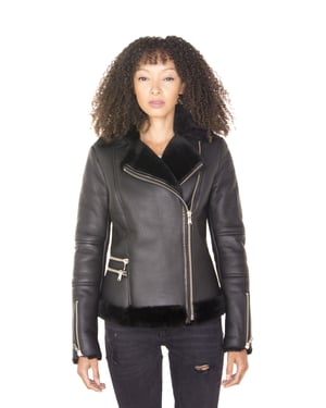 Schwarze Damen-Fliegerjacke aus Shearling-Schaffell-Kiew