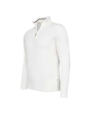 Cappuccino Italia Bergamo Zip Pullover für Herren. Der Pullover besteht aus 50% Baumwolle und 50% Polyester und hat eine normale Passform. Der Pullover hat einen Stehkragen, der je nach Geschmack mit einem Reißverschluss geöffnet oder geschlossen werden kann.  Marke: Cappuccino ItaliaModellname: Bergamo Zip Pullover (mit Hemdkragen)Kategorie: Pullover für HerrenMaterialien: Baumwolle, AcrylFarbe: weiß