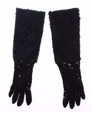 Dolce & Gabbana Schwarze Spitzen-Woll-Lammfell-Futter-Handschuhe für Damen