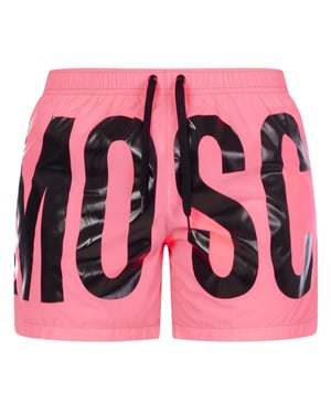 Rosa kurze Badeshorts mit Print-Logo der Marke Moschino