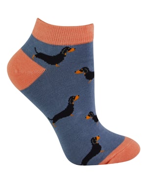 Damen Bambus Trainer Socken | Miss Sparrow | Atmungsaktive Low Cut Socken für Frauen - Sausage Dogs (Blau)