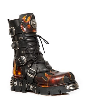 New Rock Flame Akzentuierte schwarz/rote Lederstiefel – 591-S1