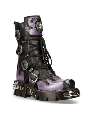 New Rock Flame Akzentuierte schwarz/rote Leder-Biker-Totenkopfstiefel – M-591-S5