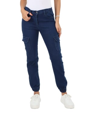 Damen-Jeans mit seitlichem elastischem Bund und Bündchen in dunkler Stonewash-Optik
