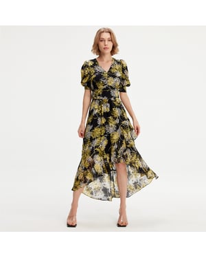 Linear Flower Print Kleid mit tiefem Saum