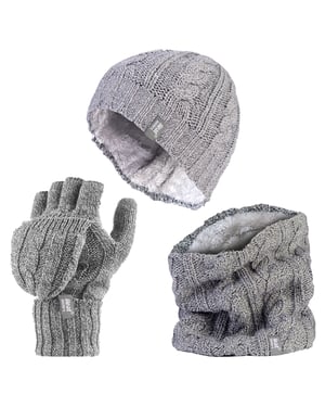Heat Holders - Womens Thermal Winter Fleece Mütze, Halswärmer und Converter Handschuhe Set - Hellgrau