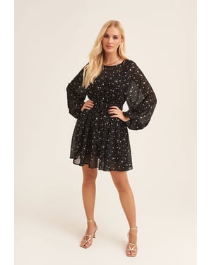 Schwarzes langärmeliges Minikleid mit Sternendruck