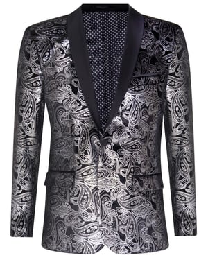 Klassischer Smoking-Blazer aus schwarzem Samt mit silbernem Paisley-Muster für Herren