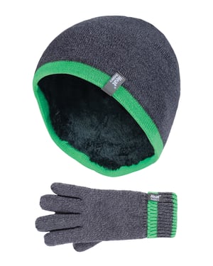 Wärmehalter - Kinder Jungen Winter warmes Fleece gefüttert isoliert stricken umdrehen Manschette gerippte Mütze und Handschuhe Set - CG1P8