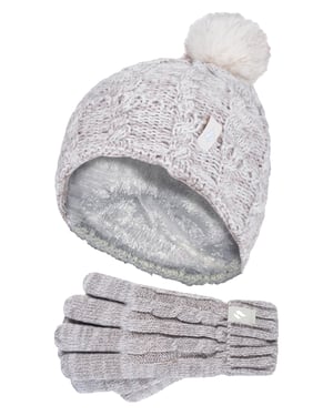 Wärmehalter - Set aus Bommelmütze und Handschuhen für Mädchen | Mütze mit umgeschlagener Manschette und Kabelstrickhandschuhe - Haferflocken-Twist