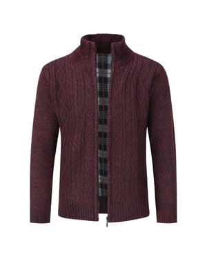 Herren Strickjacke mit Reißverschluss Cardigan Grobstrick mit Stehkragen für den Winter Rot