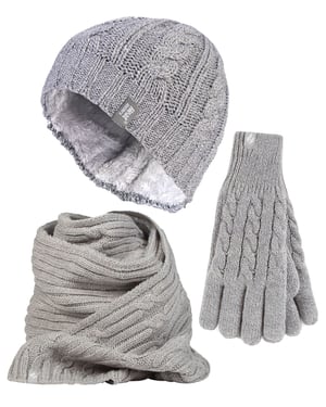 Damen-Set aus Strickmütze, Schal und Handschuhen | Wärmehalter | Mit Fleece gefüttertes Thermo-Set für kaltes Wetter für den Winter in Hellgrau