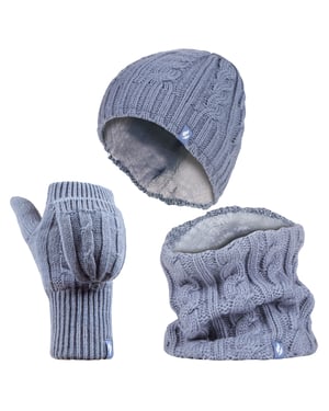 Heat Holders - Womens Thermal Winter Fleece Mütze, Halswärmer und Konverter Handschuhe Set - Dusky Blue