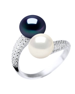Ring YOU AND ME 2 Süßwasserperlen 9-10 mm Weiß und Schwarz Schmuck 925